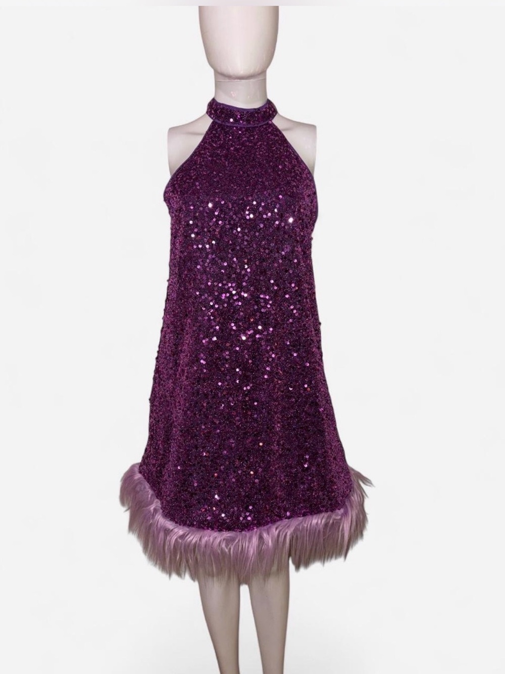 Sequined Halter Dress with Feather Hem in Purple Halloween